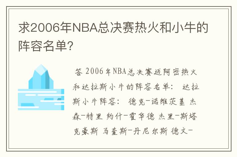 求2006年NBA总决赛热火和小牛的阵容名单?