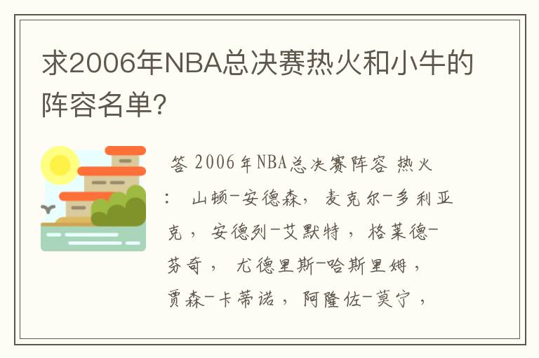 求2006年NBA总决赛热火和小牛的阵容名单?