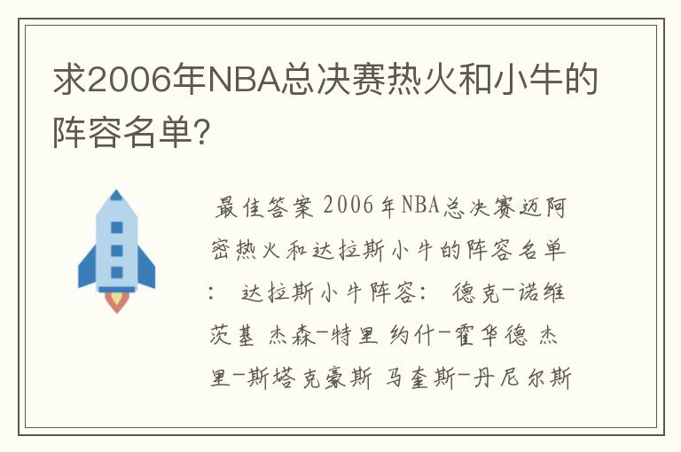 求2006年NBA总决赛热火和小牛的阵容名单?