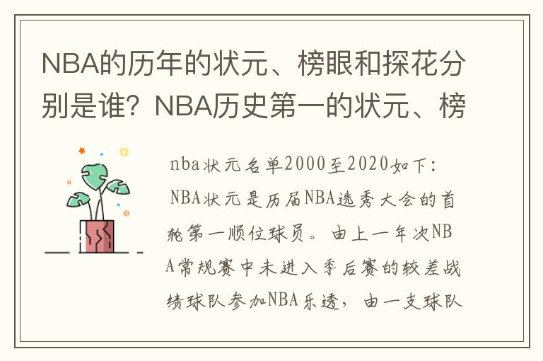 NBA的历年的状元、榜眼和探花分别是谁?NBA历史第一的状元、榜