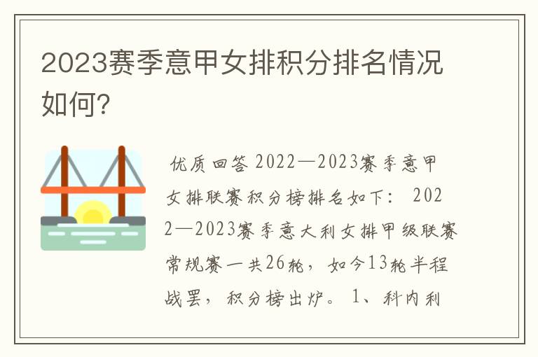 2023赛季意甲女排积分排名情况如何?