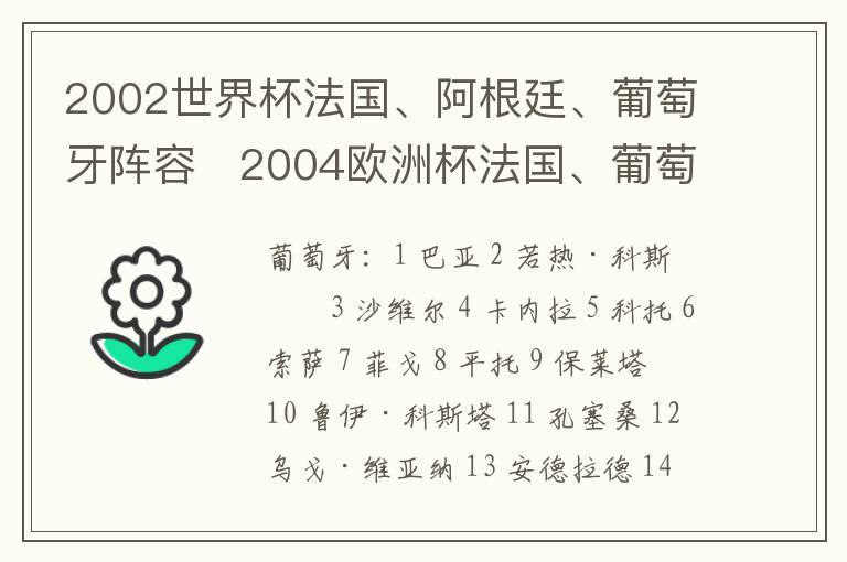 2002世界杯法国、阿根廷、葡萄牙阵容 2004欧洲杯法国、葡萄牙阵容
