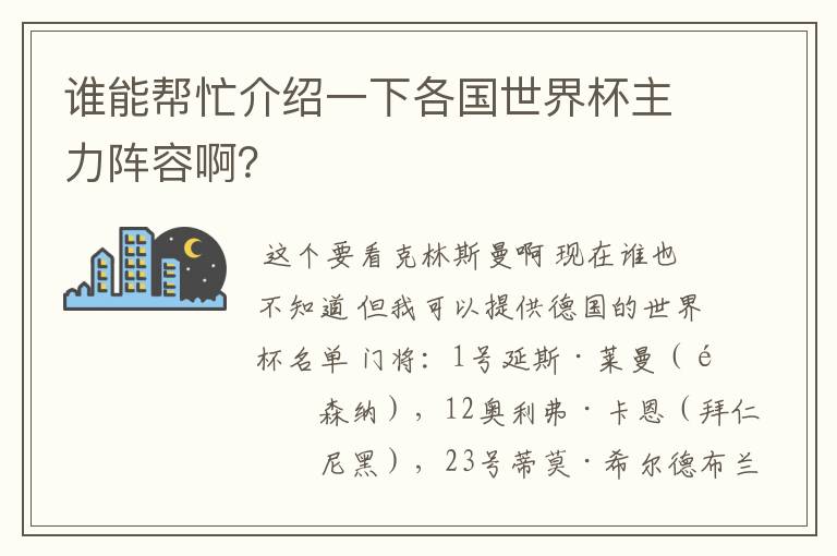 谁能帮忙介绍一下各国世界杯主力阵容啊?