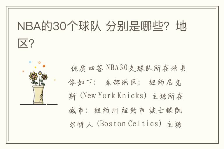 NBA的30个球队 分别是哪些?地区?