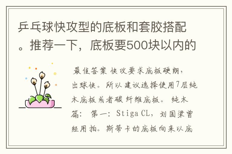 乒乓球快攻型的底板和套胶搭配。推荐一下，底板要500块以内的