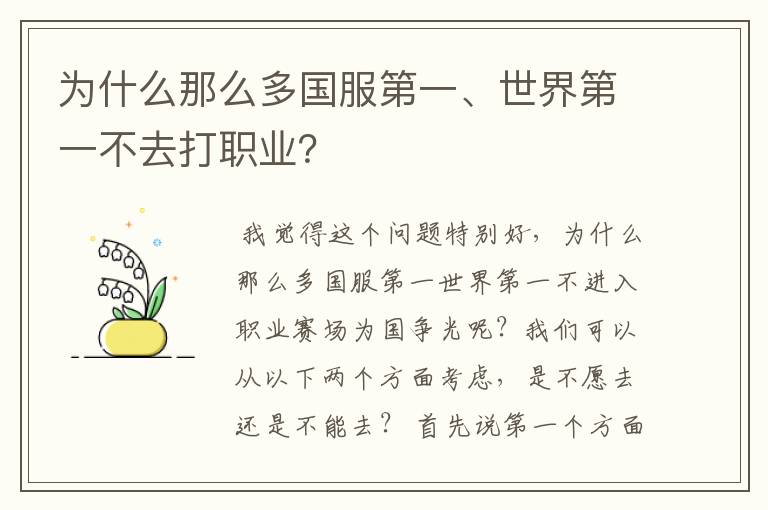 为什么那么多国服第一、世界第一不去打职业?