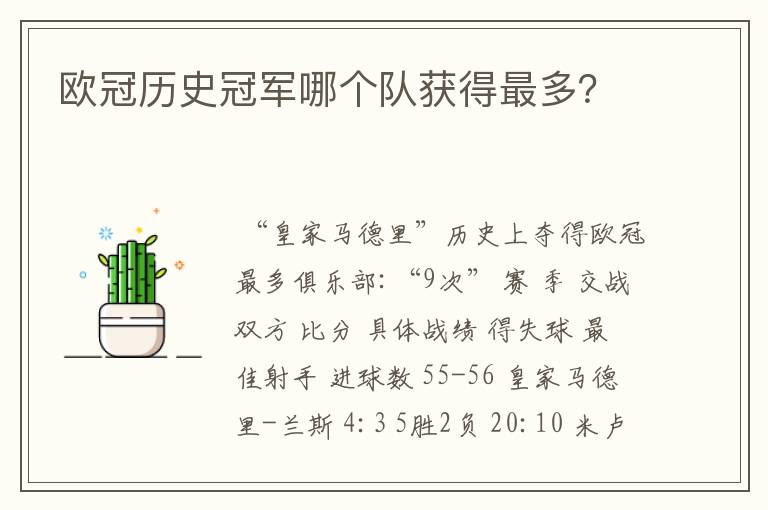 欧冠历史冠军哪个队获得最多?