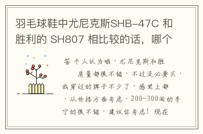 羽毛球鞋中尤尼克斯SHB-47C 和胜利的 SH807 相比较的话,哪个比较好?或者请大家推荐一款性价比很高的羽毛