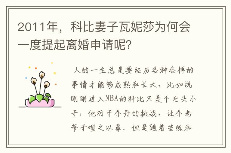 2011年,科比妻子瓦妮莎为何会一度提起离婚申请呢?
