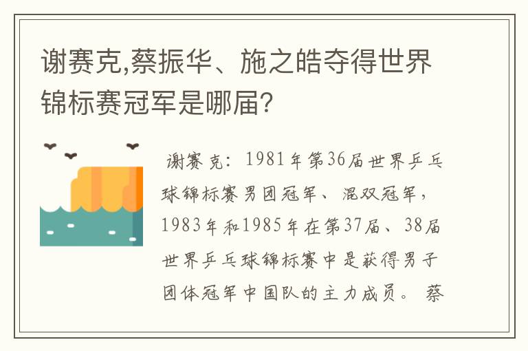 谢赛克,蔡振华、施之皓夺得世界锦标赛冠军是哪届?