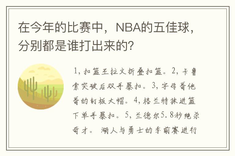 在今年的比赛中,NBA的五佳球,分别都是谁打出来的?