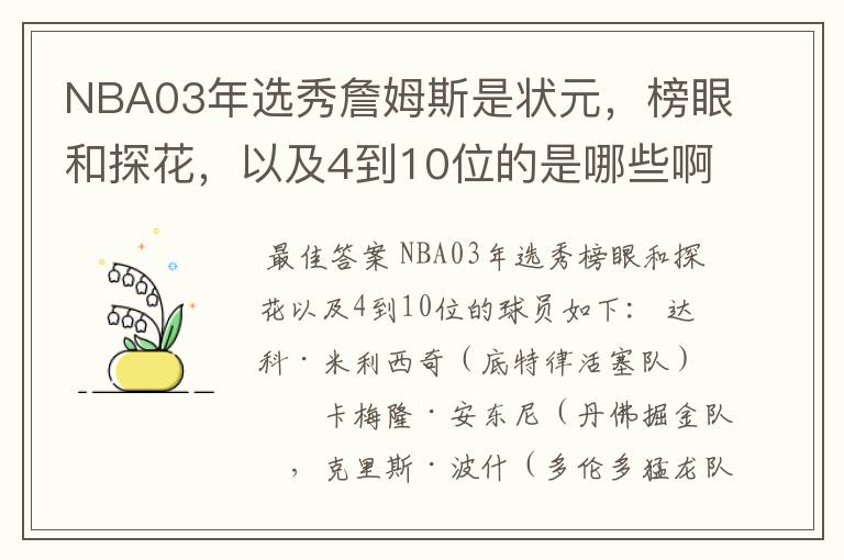 NBA03年选秀詹姆斯是状元,榜眼和探花,以及4到10位的是哪些啊?