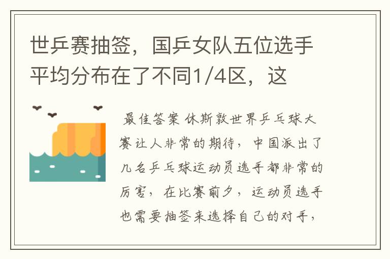 世乒赛抽签,国乒女队五位选手平均分布在了不同1/4区,这意味着什么?