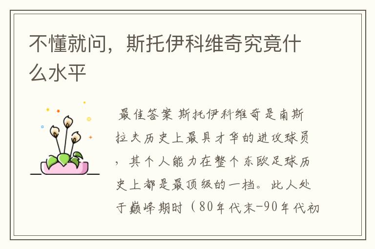 不懂就问,斯托伊科维奇究竟什么水平