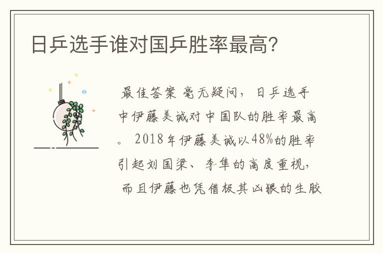 日乒选手谁对国乒胜率最高?