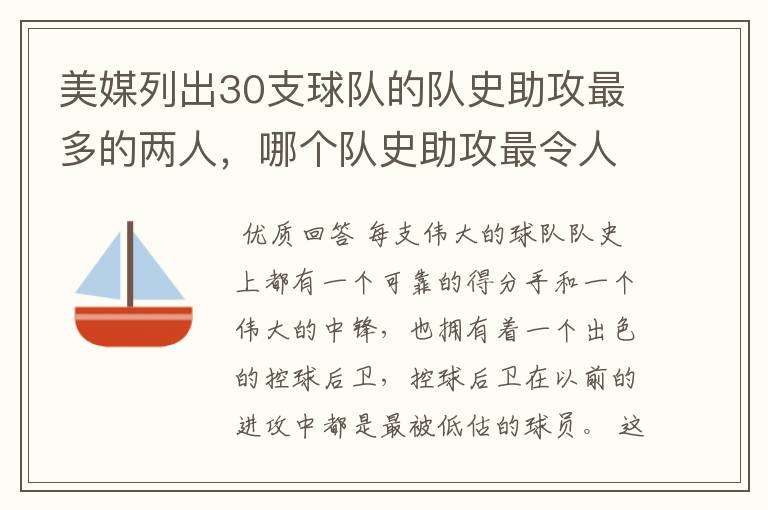 美媒列出30支球队的队史助攻最多的两人,哪个队史助攻最令人震惊-