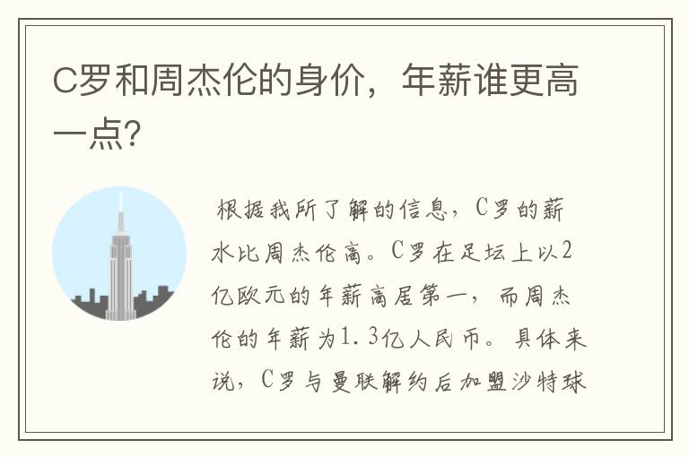 C罗和周杰伦的身价,年薪谁更高一点?