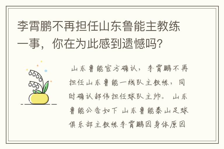 李霄鹏不再担任山东鲁能主教练一事,你在为此感到遗憾吗?