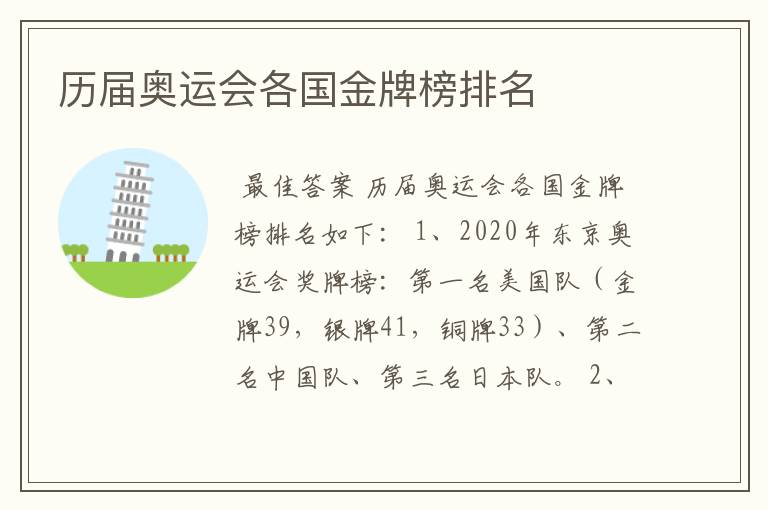 历届奥运会各国金牌榜排名
