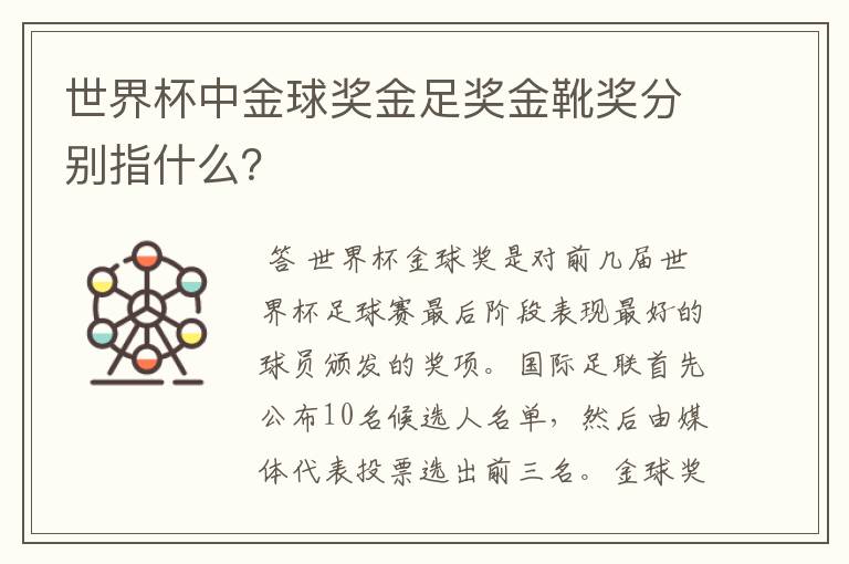 世界杯中金球奖金足奖金靴奖分别指什么?