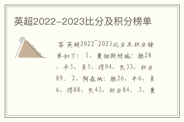 英超2022-2023比分及积分榜单