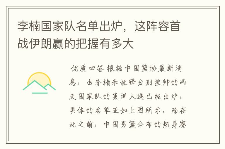 李楠国家队名单出炉,这阵容首战伊朗赢的把握有多大