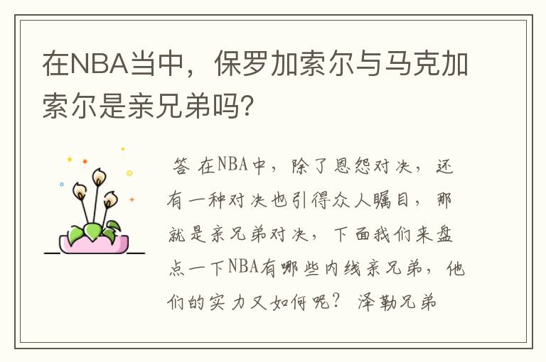 在NBA当中,保罗加索尔与马克加索尔是亲兄弟吗?