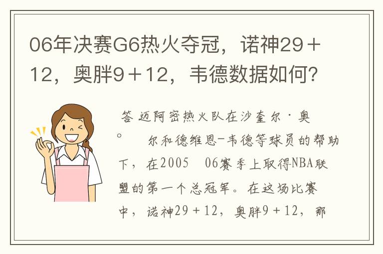 06年决赛G6热火夺冠,诺神29+12,奥胖9+12,韦德数据如何?