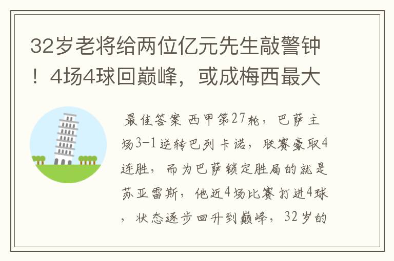 32岁老将给两位亿元先生敲警钟!4场4球回巅峰,或成梅西最大帮手