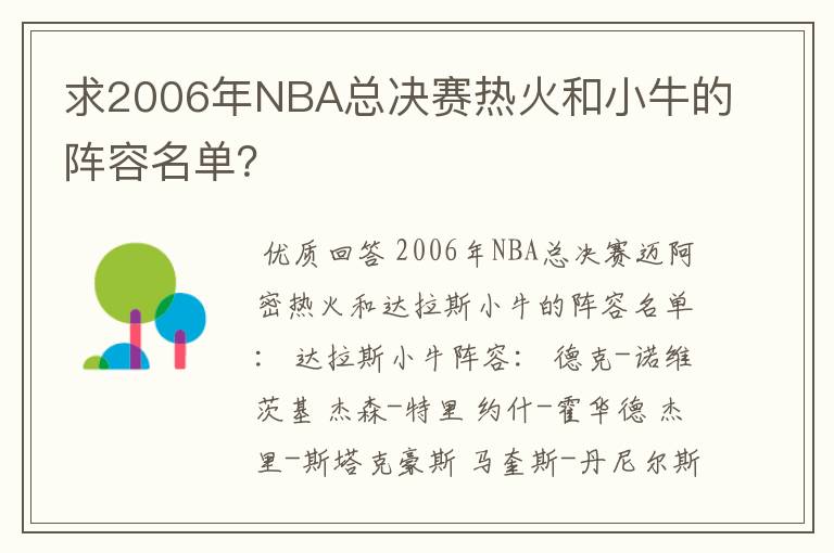 求2006年NBA总决赛热火和小牛的阵容名单?