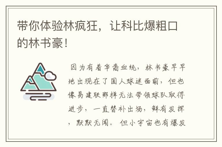 带你体验林疯狂,让科比爆粗口的林书豪!