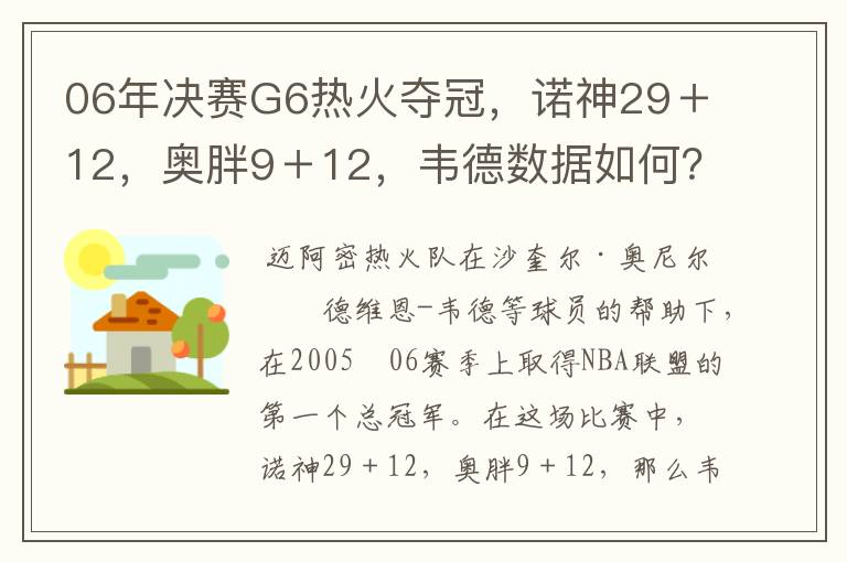 06年决赛G6热火夺冠,诺神29+12,奥胖9+12,韦德数据如何?