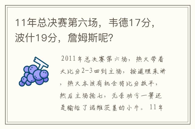 11年总决赛第六场,韦德17分,波什19分,詹姆斯呢?