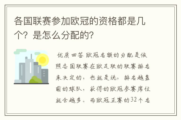 各国联赛参加欧冠的资格都是几个?是怎么分配的?
