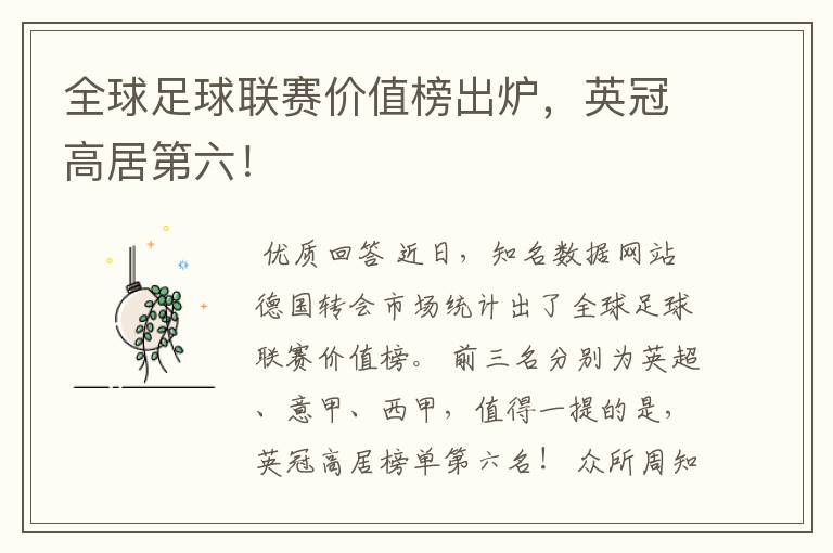 全球足球联赛价值榜出炉,英冠高居第六!