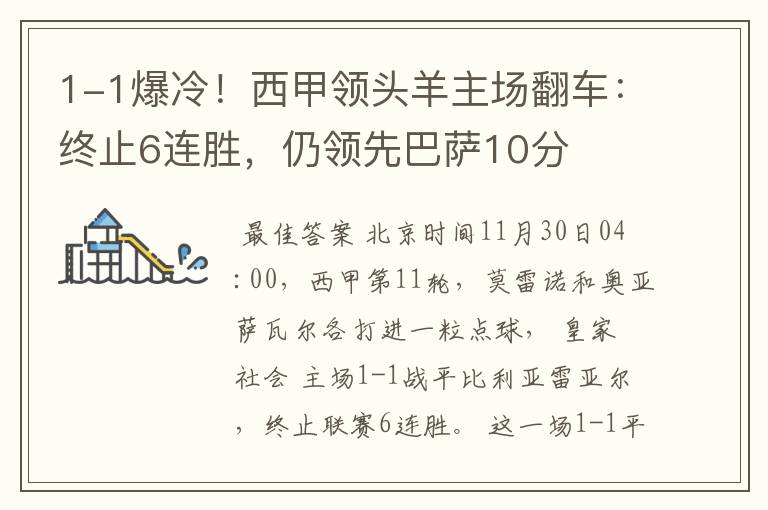 1-1爆冷!西甲领头羊主场翻车:终止6连胜,仍领先巴萨10分