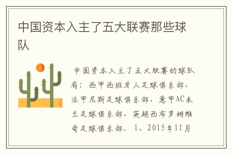 中国资本入主了五大联赛那些球队
