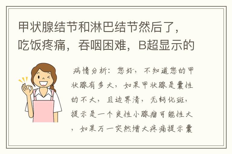 甲状腺结节和淋巴结节然后了,吃饭疼痛,吞咽困难,B超显示的话就是
