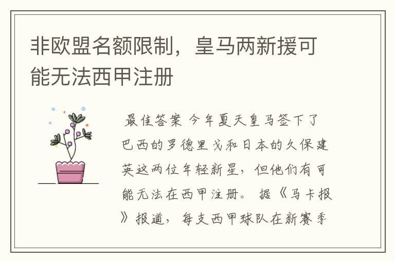 非欧盟名额限制,皇马两新援可能无法西甲注册
