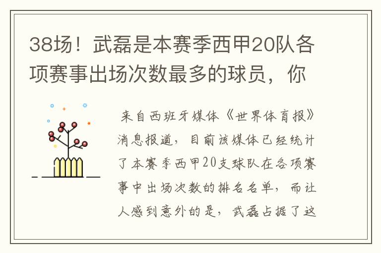 38场!武磊是本赛季西甲20队各项赛事出场次数最多的球员,你怎么看?