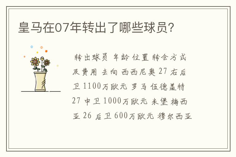皇马在07年转出了哪些球员?
