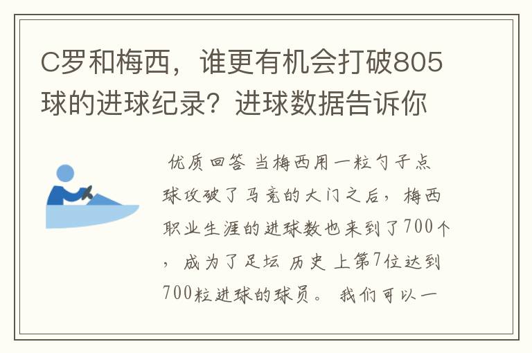 C罗和梅西,谁更有机会打破805球的进球纪录?进球数据告诉你答案