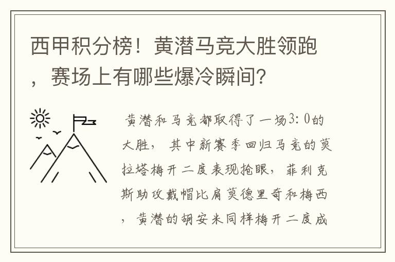 西甲积分榜!黄潜马竞大胜领跑,赛场上有哪些爆冷瞬间?