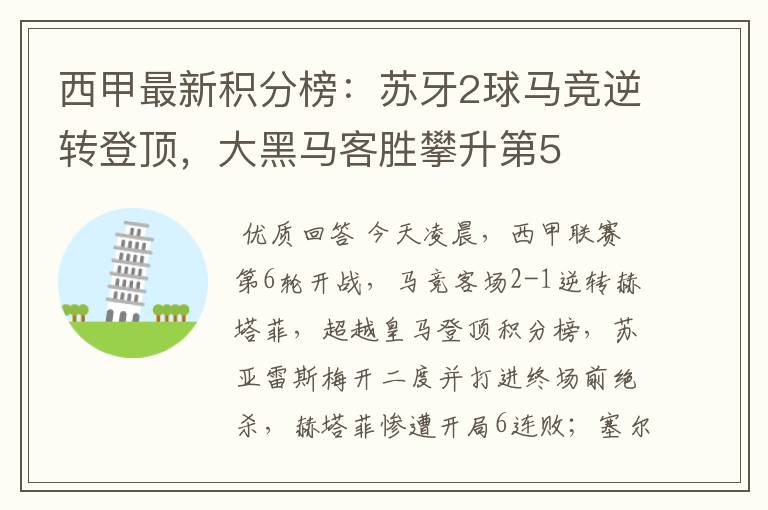 西甲最新积分榜:苏牙2球马竞逆转登顶,大黑马客胜攀升第5