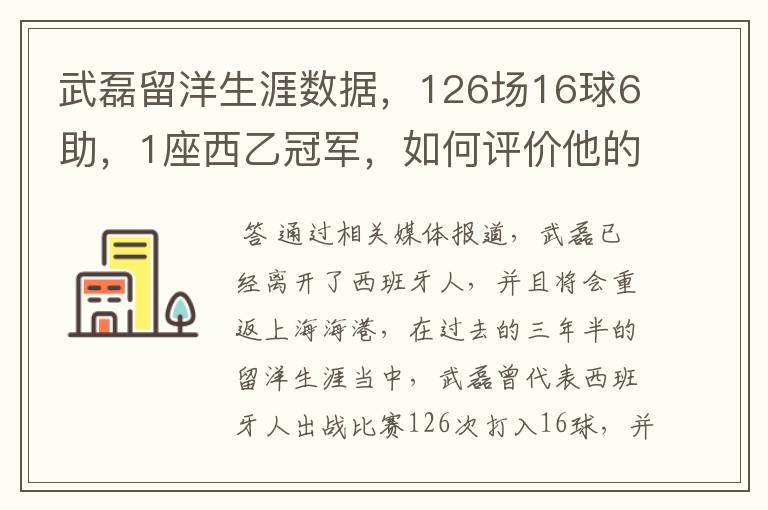 武磊留洋生涯数据,126场16球6助,1座西乙冠军,如何评价他的表现?
