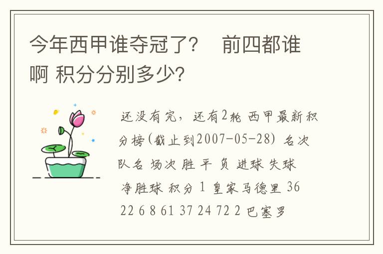 今年西甲谁夺冠了? 前四都谁啊 积分分别多少?