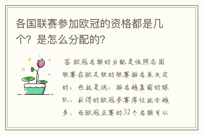 各国联赛参加欧冠的资格都是几个?是怎么分配的?