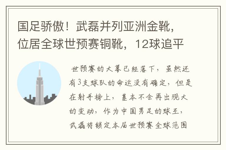 国足骄傲!武磊并列亚洲金靴,位居全球世预赛铜靴,12球追平凯恩
