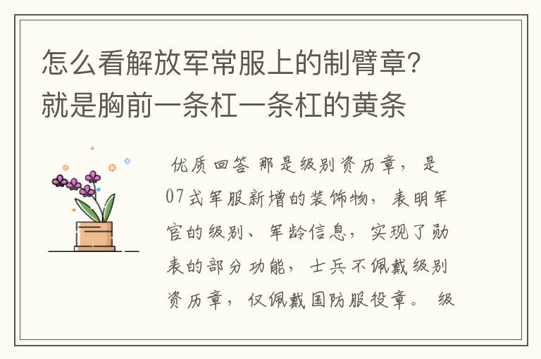 怎么看解放军常服上的制臂章?就是胸前一条杠一条杠的黄条