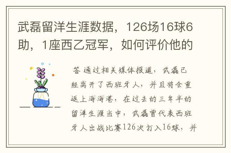 武磊留洋生涯数据,126场16球6助,1座西乙冠军,如何评价他的表现?